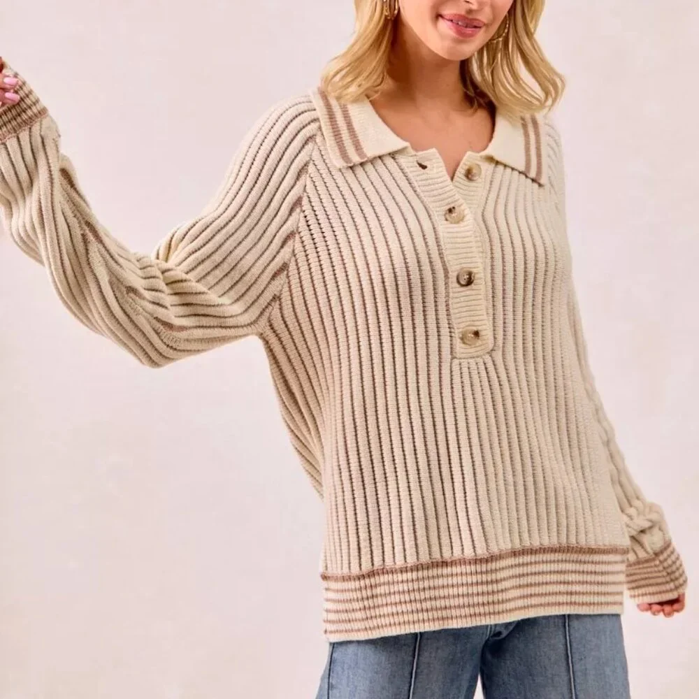 BiBi Half Button Ribbed Two Tone Sweater - Picture 13 of 16